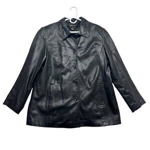 Style & Co Leather Jacket Womens Button Up Size Large Black Collar Pockets